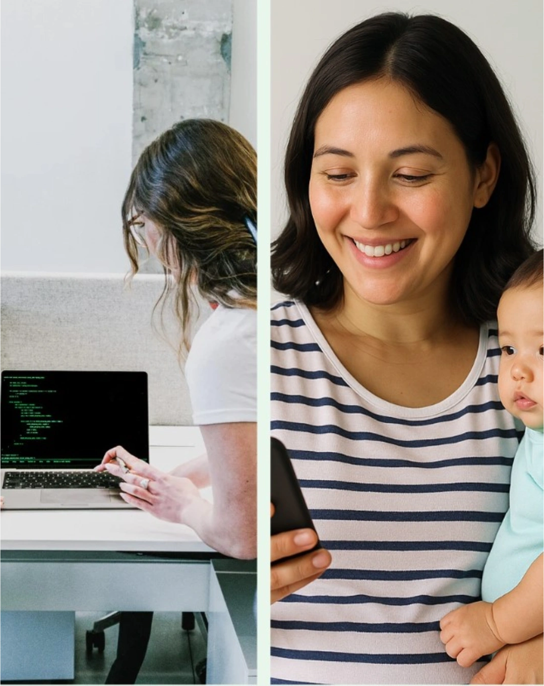 A un lado, una profesional trabajando frente a su computadora; al otro, una madre sonríe mirando su celular con su bebé en brazos