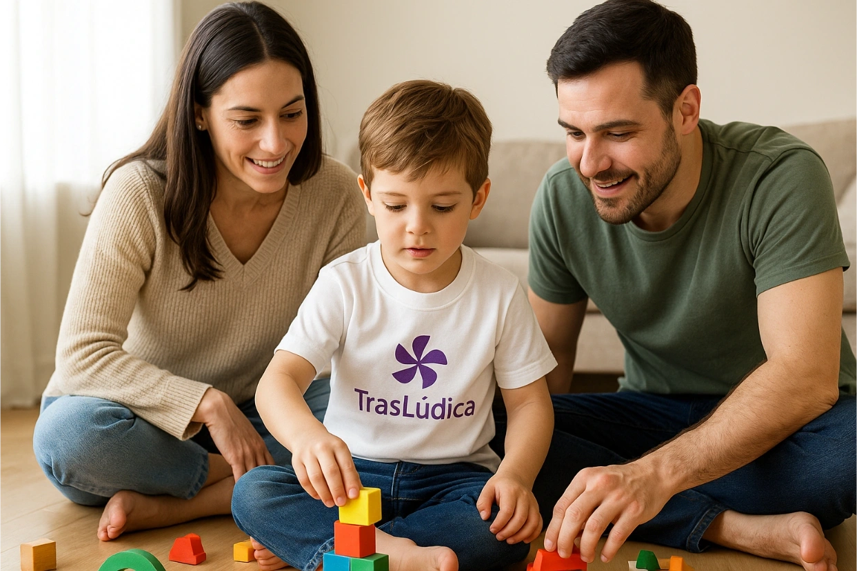 Madre y padre jugando con bloques de colores junto a su hijo, que lleva una remera de TrasLúdica