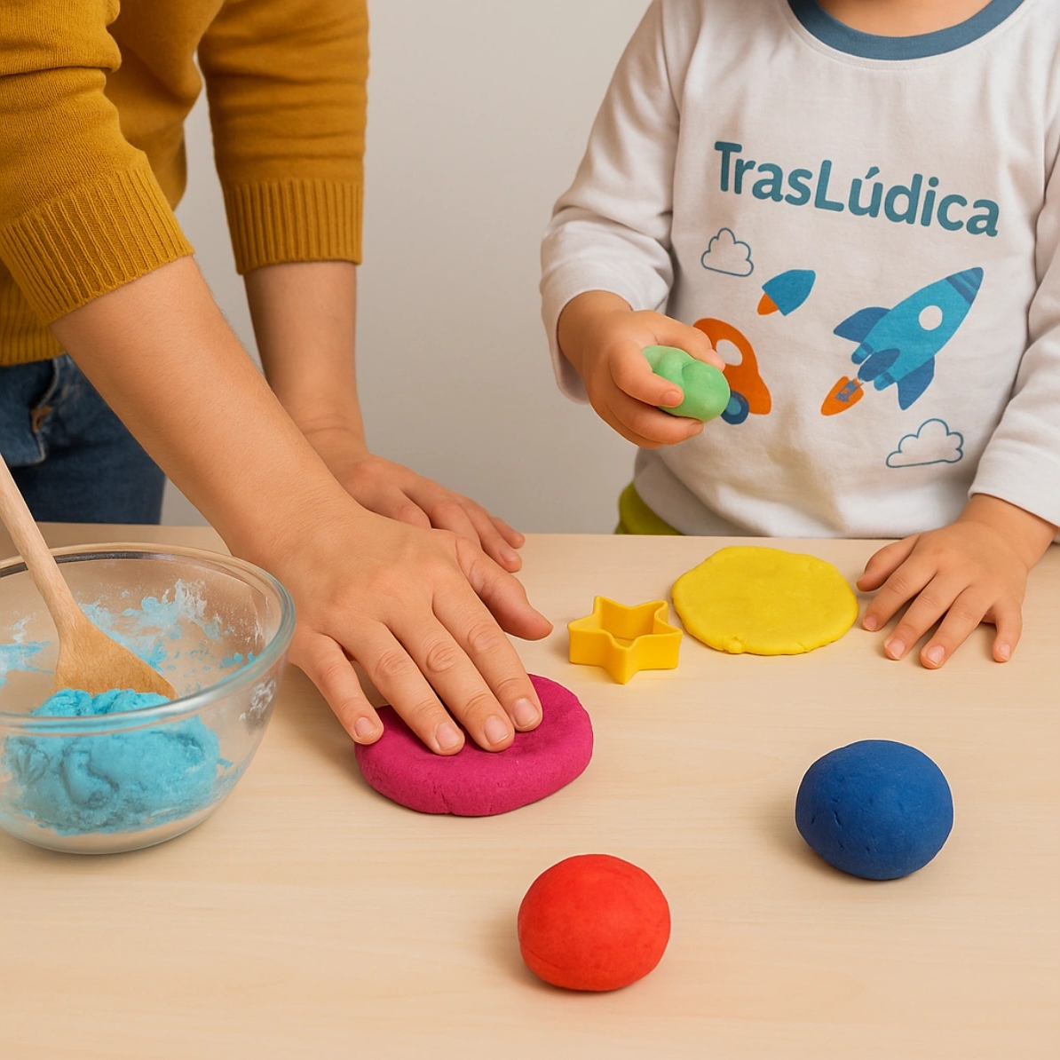 Adulto y niño con remera de TrasLúdica jugando juntos con masas de colores