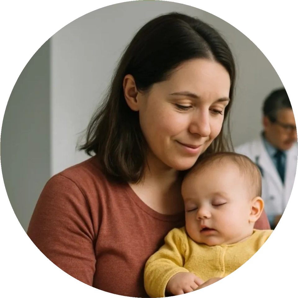 Madre sosteniendo a su bebé dormido durante una consulta médica