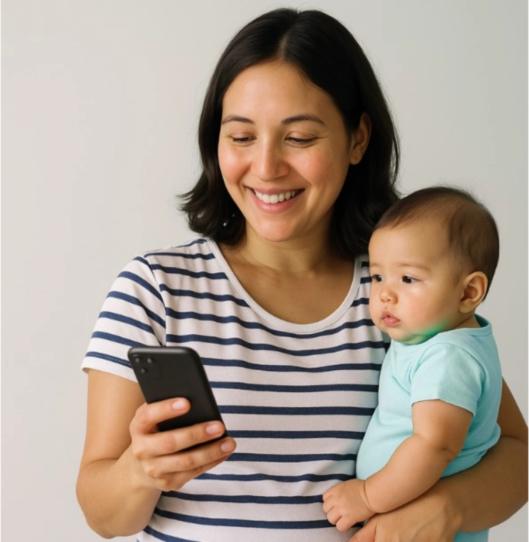 Madre leyendo un mensaje en su celular con su bebé en brazos