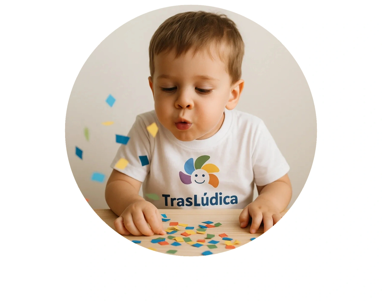 Niño con remera de TrasLúdica soplando papelitos de colores sobre una mesa