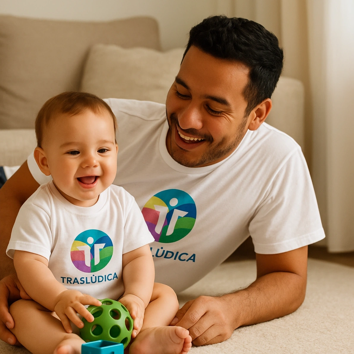 Padre y bebé sonrientes con remeras de TrasLúdica jugando con una pelota en casa