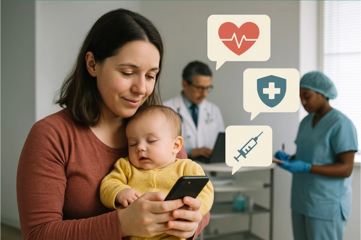 Madre con su bebé revisando recordatorios de salud y vacunas en el celular, en un centro médico