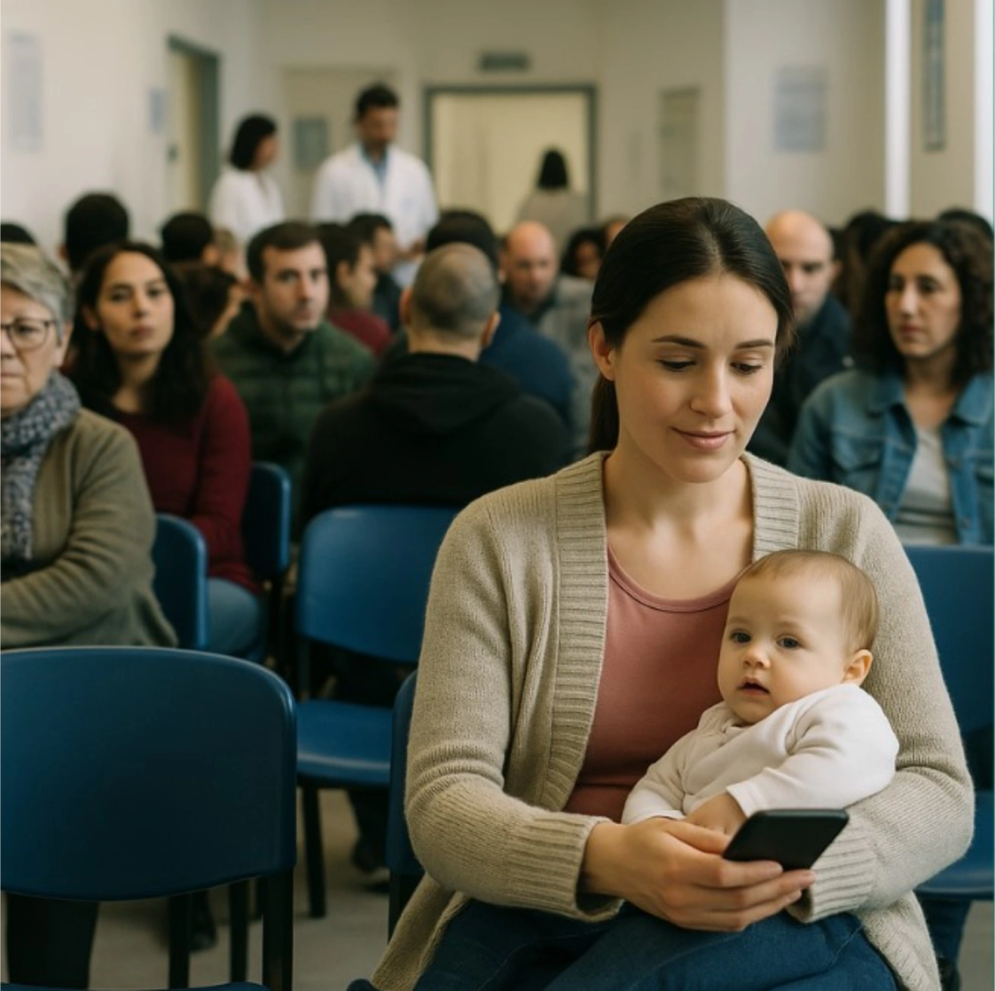 Madre con su bebé en brazos consultando el celular en la sala de espera de un centro de salud